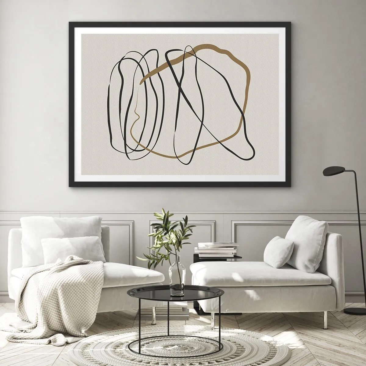 Poster in einem schwarzem Rahmen - Künstlerische Linien in Schwarz und Gold auf hellem Hintergrund - 70x50cm - Komposition – Looptanz - Moderne Wanddekoration für Wohnzimmer und Schlafzimmer ARTTOR