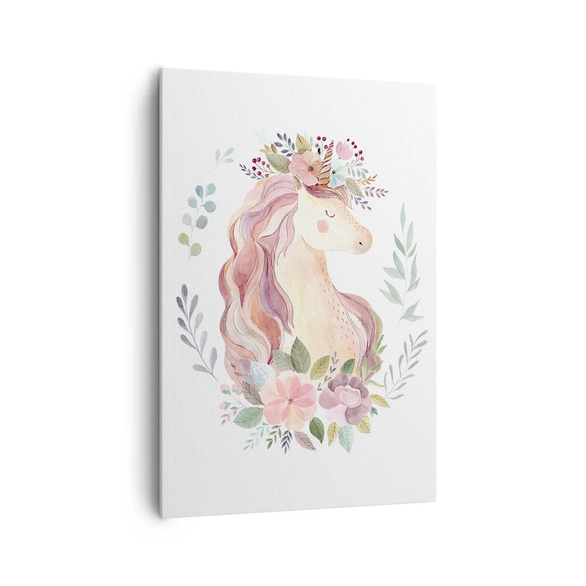 Bild auf Leinwand - Leinwandbild - Ein Einhorn in Pastellfarben, umgeben von Blumen - 70x100cm - Eine Einladung in die Welt der Märchen - Moderne Wanddekoration für Wohnzimmer und Schlafzimmer ARTTOR