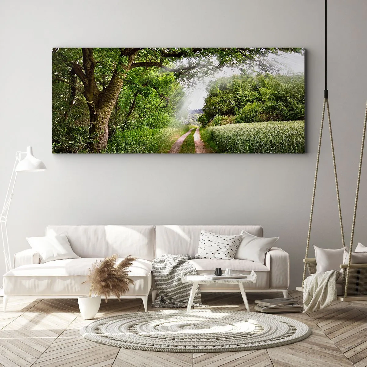 Bild auf Leinwand - Leinwandbild - Eine unbefestigte Straße zwischen grünen Bäumen und Sonnenlicht - 140x50cm - Et in Arcadia ego - Moderne Wanddekoration für Wohnzimmer und Schlafzimmer ARTTOR
