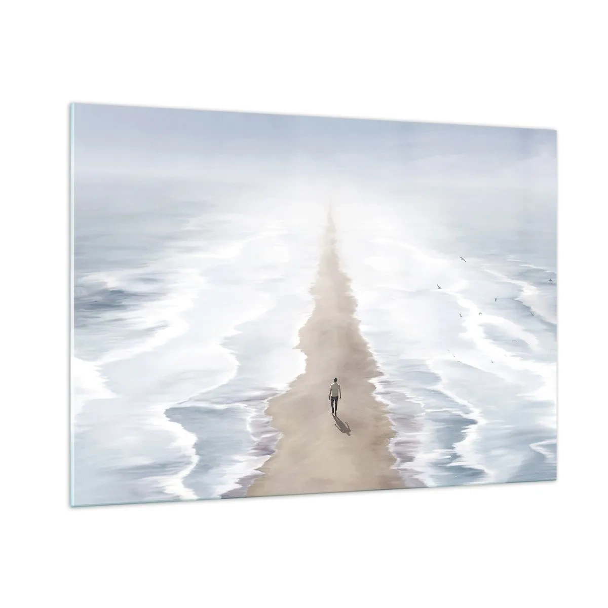 Glasbild - Bild auf glas - Eine Gestalt, die allein zwischen den Wellen zum Horizont geht - 100x70cm - Glänzende Zukunft - Moderne Wanddekoration für Wohnzimmer und Schlafzimmer ARTTOR