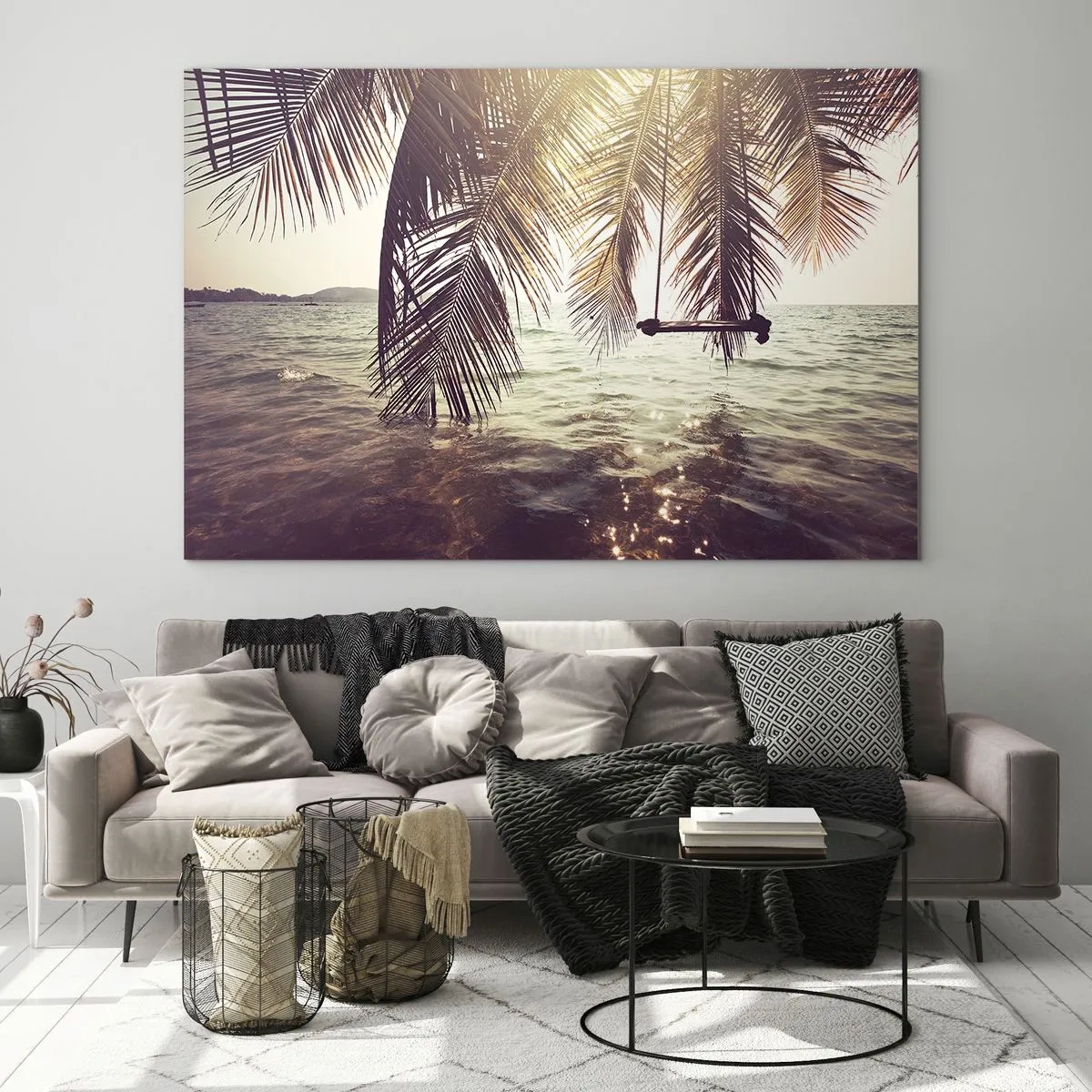 Glasbild - Bild auf glas - Ein Strand mit Palmen und einer Schaukel über einem ruhigen Meer - 100x70cm - Sie können nach Belieben in den Wolken schwingen - Moderne Wanddekoration für Wohnzimmer und Schlafzimmer ARTTOR
