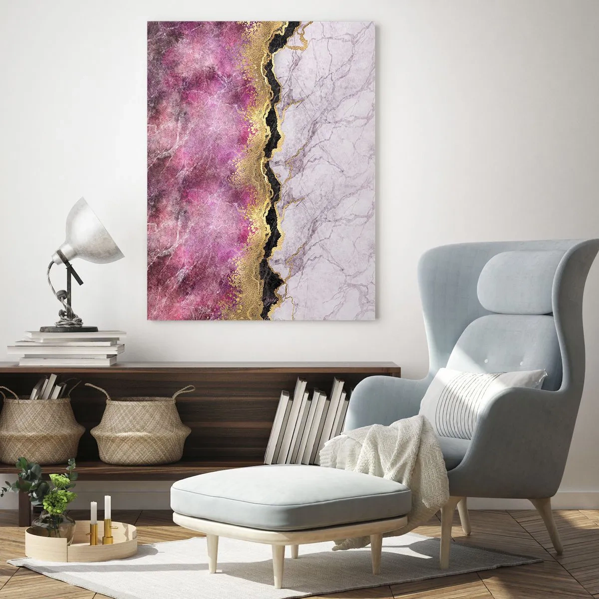 Glasbild - Bild auf glas - Abstrakter Marmor in Rosatönen mit goldenen Akzenten - 80x120cm - An der Grenze - Moderne Wanddekoration für Wohnzimmer und Schlafzimmer ARTTOR
