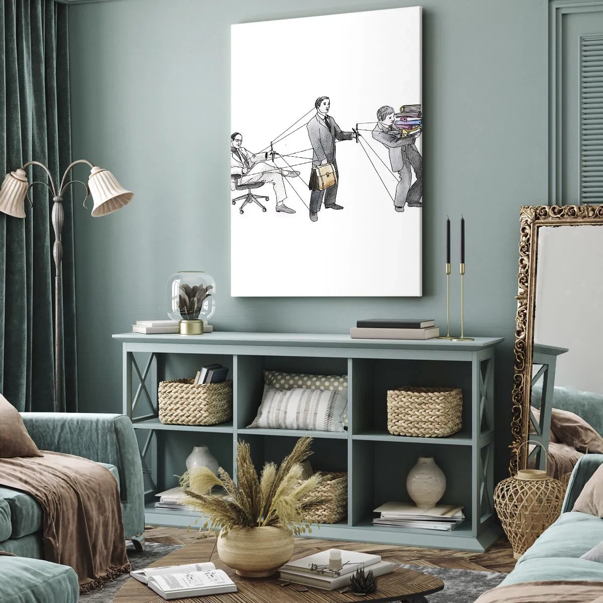 Bild auf Leinwand - Leinwandbild - Eine Illustration, die zeigt, wie Menschen wie Marionetten kontrolliert werden. - 70x100cm - Jeder hat seinen Meister - Moderne Wanddekoration für Wohnzimmer und Schlafzimmer ARTTOR