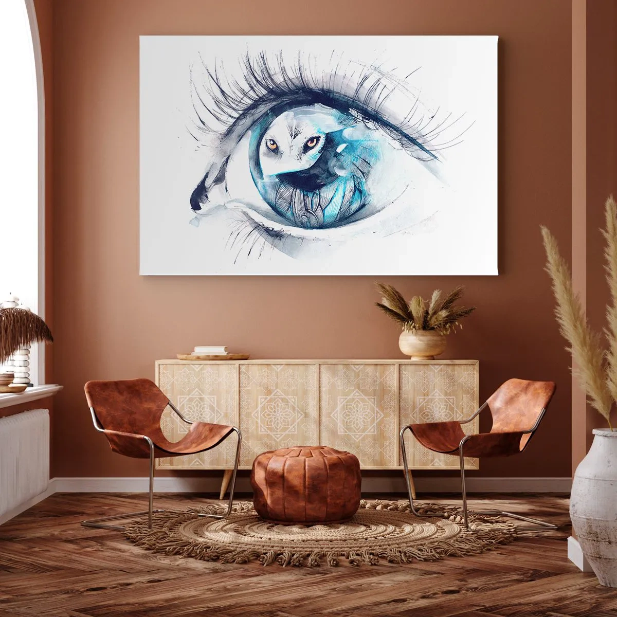Bild auf Leinwand - Leinwandbild - Ein Auge mit dem Bild einer Eule in Aquarell-Blautönen - 120x80cm - Auge in Auge mit Wildheit - Moderne Wanddekoration für Wohnzimmer und Schlafzimmer ARTTOR