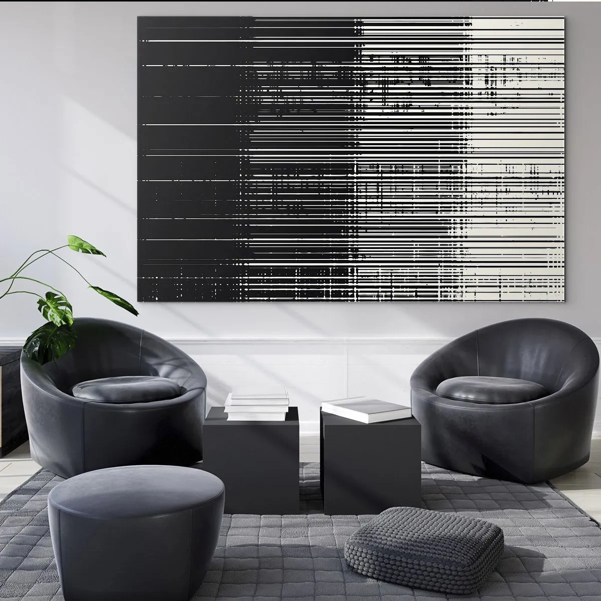 Glasbild - Bild auf glas - Schwarz-Weiß-Abstraktion mit horizontalen Linien, die einen Farbverlauf erzeugen - 70x50cm - Wellen und Vibrationen - Moderne Wanddekoration für Wohnzimmer und Schlafzimmer ARTTOR