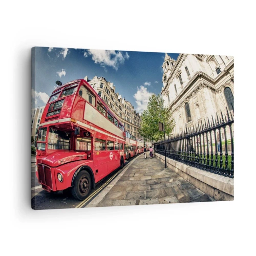 Bild auf Leinwand - Leinwandbild - Roter Doppeldeckerbus in London in der Nähe der Straße und der Kathedrale - 70x50cm - Londoner Straße in Grau und Rot - Moderne Wanddekoration für Wohnzimmer und Schlafzimmer ARTTOR