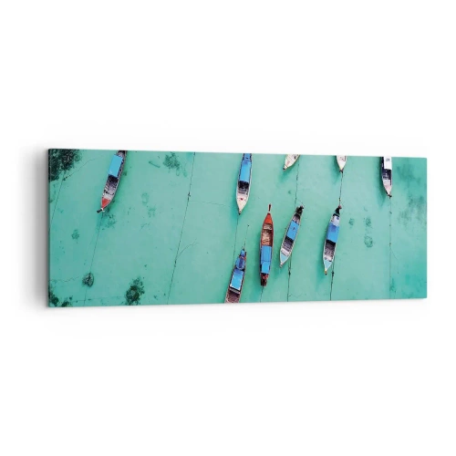 Bild auf Leinwand - Leinwandbild - Boote auf türkisfarbenem Wasser aus der Vogelperspektive - 140x50cm - In freudiger Erwartung - Moderne Wanddekoration für Wohnzimmer und Schlafzimmer ARTTOR
