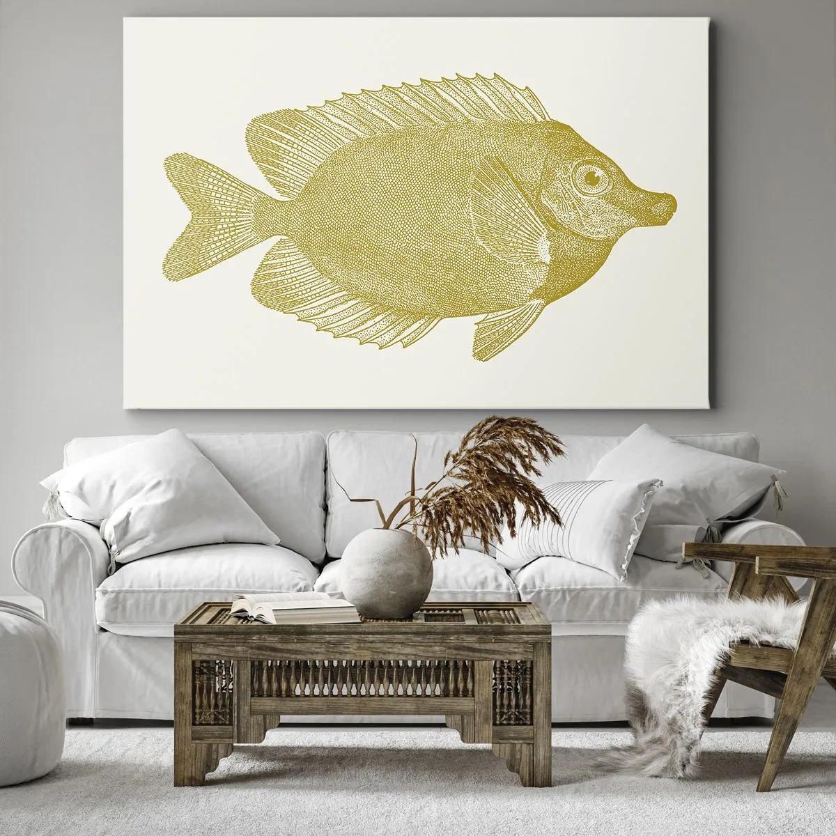 Bild auf Leinwand - Leinwandbild - Vintage Goldfisch auf hellem Hintergrund - 100x70cm - Fisch und das war’s - Moderne Wanddekoration für Wohnzimmer und Schlafzimmer ARTTOR