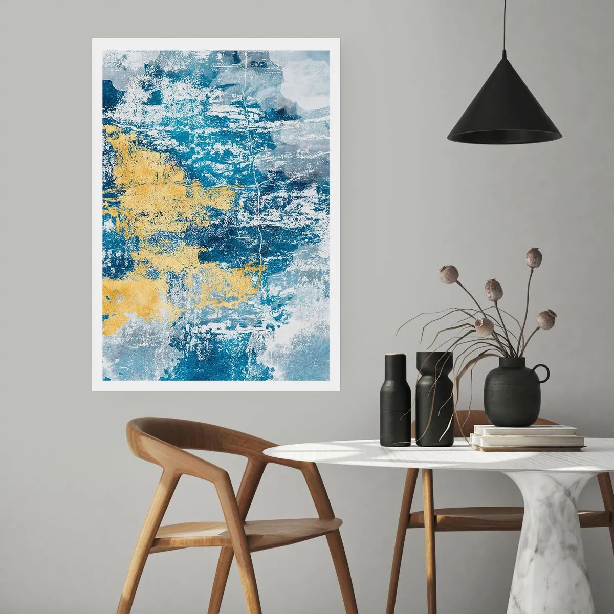 Poster - Abstrakte Komposition aus Blau und Gold in der Textur - 50x70cm - Abstraktion voller Wetter - Moderne Wanddekoration für Wohnzimmer und Schlafzimmer ARTTOR