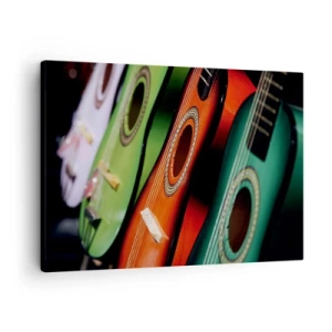 Bild auf Leinwand - Leinwandbild - Bunte Gitarren in verschiedenen Farbtönen in einer Reihe angeordnet - 70x50cm - Die Gitarre hat viele Farben - Moderne Wanddekoration für Wohnzimmer und Schlafzimmer ARTTOR