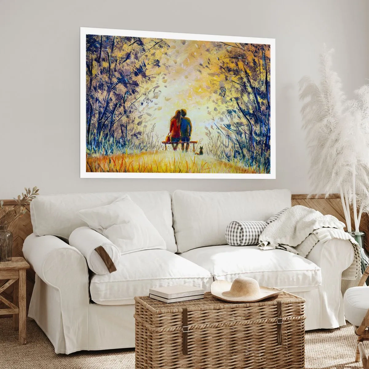Poster - Ein Paar sitzt auf einer Bank zwischen herbstlichen Bäumen im Sonnenlicht - 100x70cm - Magischer Augenblick - Moderne Wanddekoration für Wohnzimmer und Schlafzimmer ARTTOR