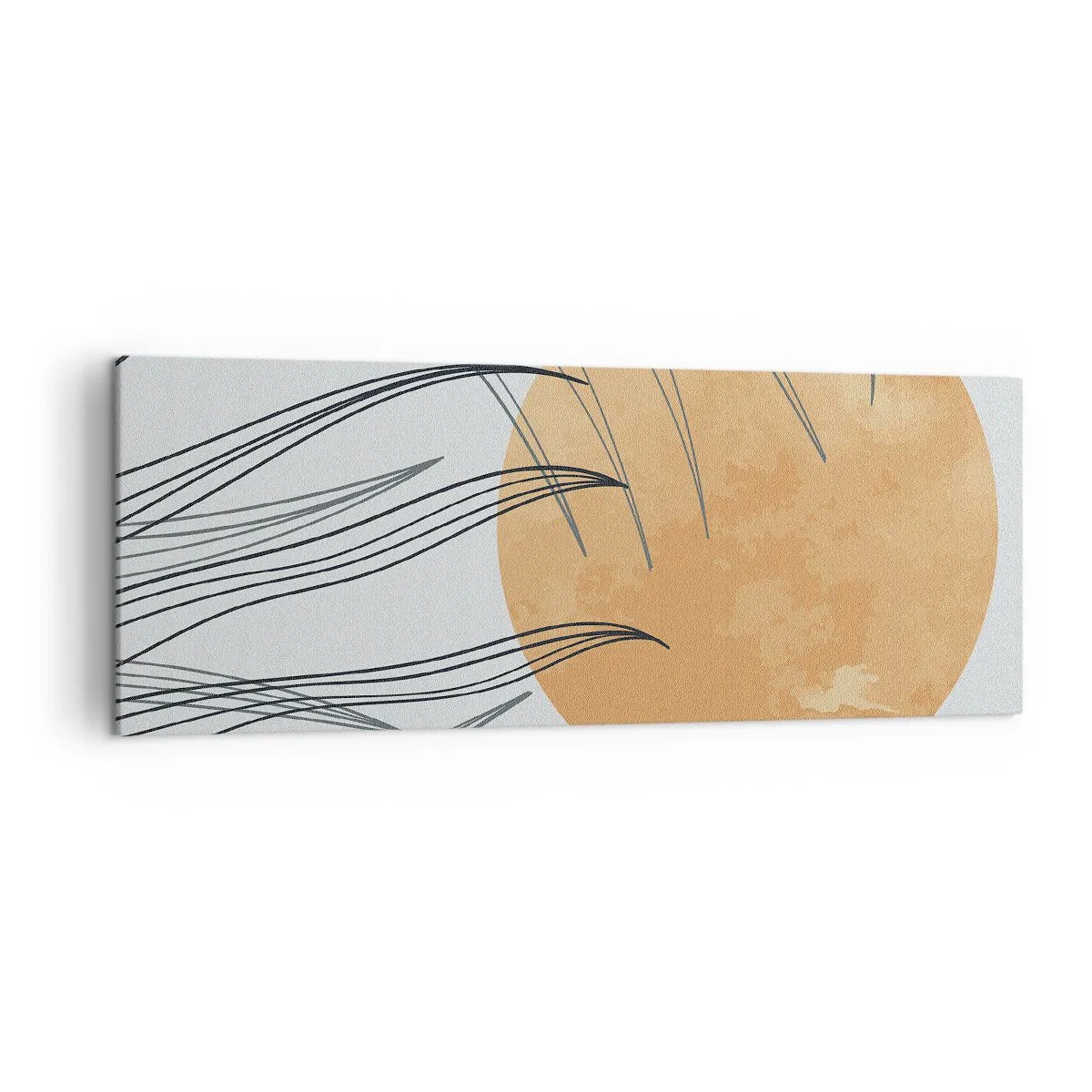 Bild auf Leinwand - Leinwandbild - Abstrakte Grashalme vor dem Hintergrund einer großen orangefarbenen Sonne - 140x50cm - Immer der Sonne entgegen - Moderne Wanddekoration für Wohnzimmer und Schlafzimmer ARTTOR