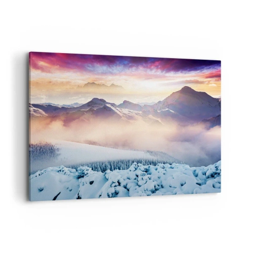 Bild auf Leinwand - Leinwandbild - Schneebedeckte Berge im Morgengrauen mit einem farbenfrohen Himmel - 120x80cm - Die Kraft und Reinheit der Natur - Moderne Wanddekoration für Wohnzimmer und Schlafzimmer ARTTOR