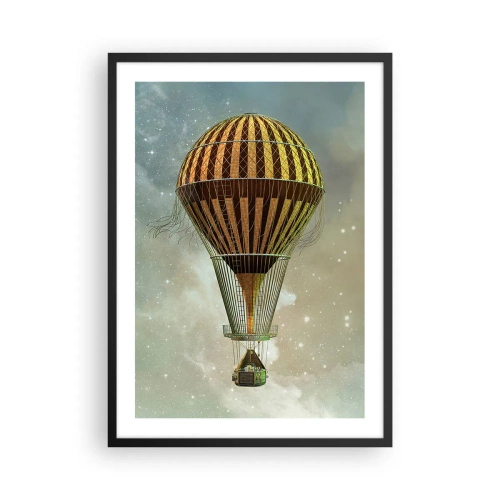 Poster in einem schwarzem Rahmen - Ein goldener Ballon, der im Weltraum schwebt - 50x70cm - Pionierflüge - Moderne Wanddekoration für Wohnzimmer und Schlafzimmer ARTTOR
