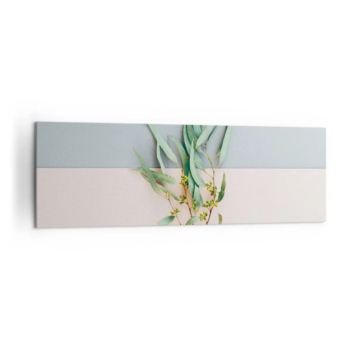 Bild auf Leinwand - Leinwandbild - Ein Zweig mit Blättern auf einem Hintergrund in Pastelltönen - 160x50cm - Pastellige Subtilität - Moderne Wanddekoration für Wohnzimmer und Schlafzimmer ARTTOR