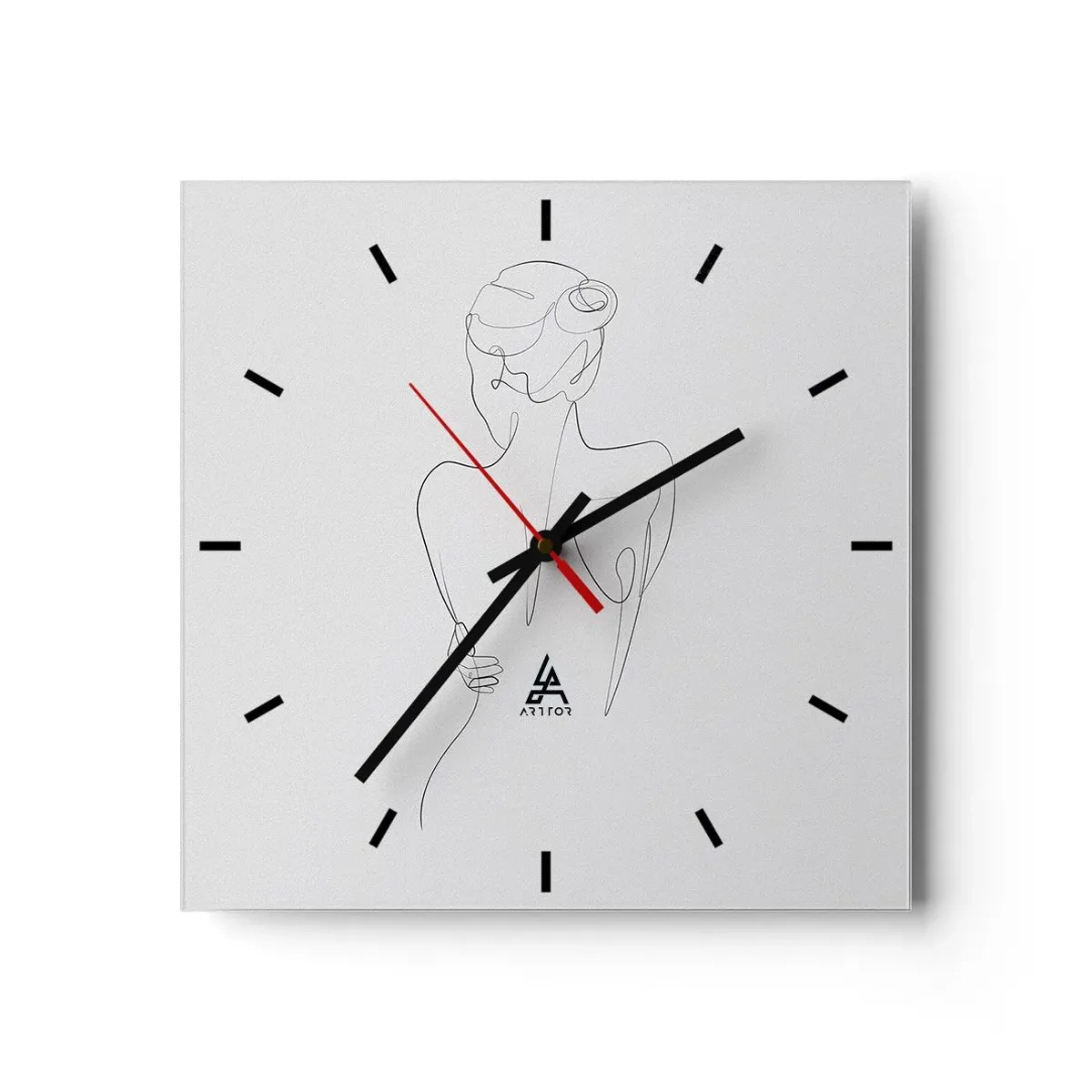 Wanduhr - Glasuhr - Eine Konturlinie, die eine weibliche Silhouette vor einem hellen Hintergrund zeigt - 30x30cm - Körpermusik - Moderne Wanddekoration für Wohnzimmer und Schlafzimmer ARTTOR