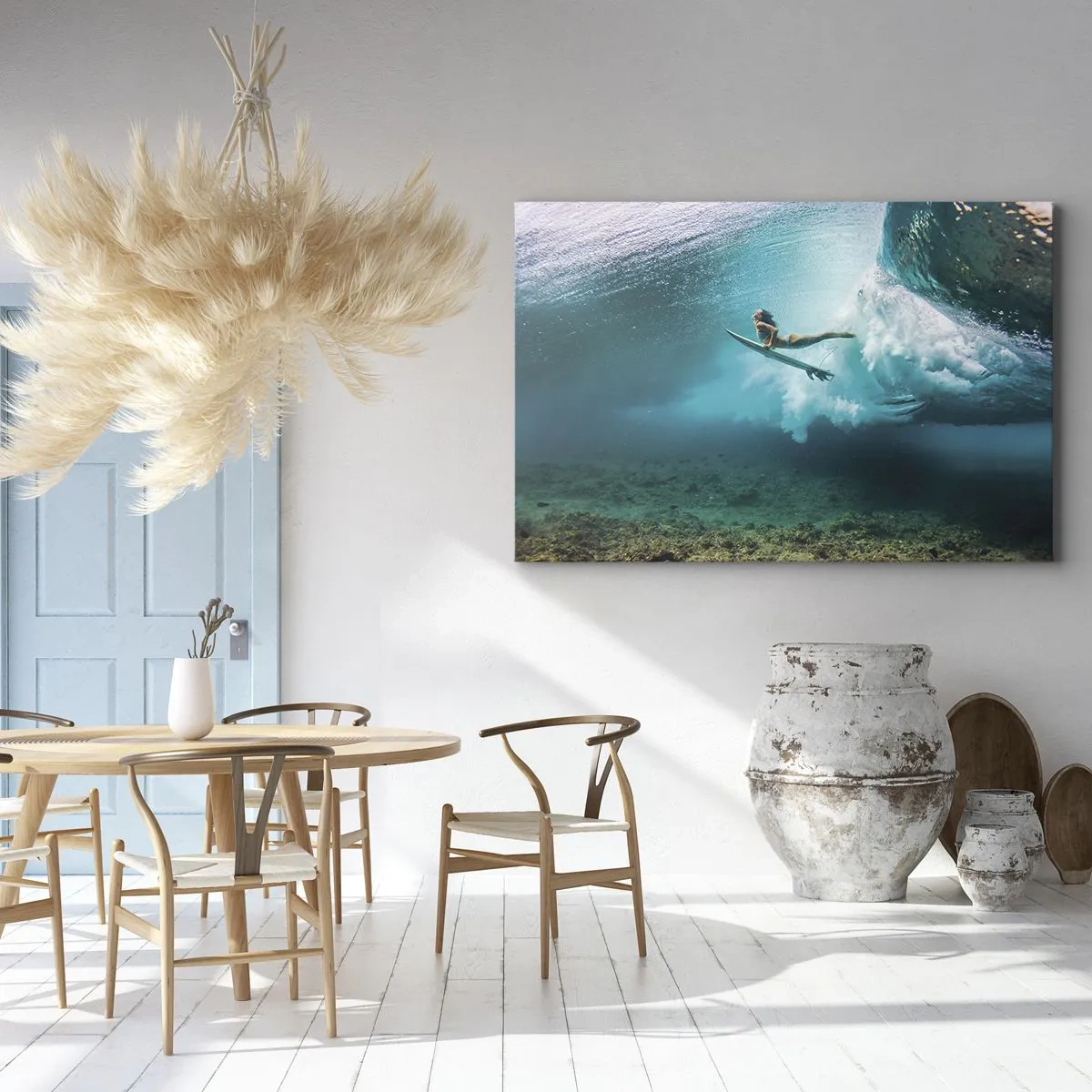 Bild auf Leinwand - Leinwandbild - Surfer unter einer Welle im blauen Ozeanwasser - 70x50cm - Unterwasserwelt - Moderne Wanddekoration für Wohnzimmer und Schlafzimmer ARTTOR