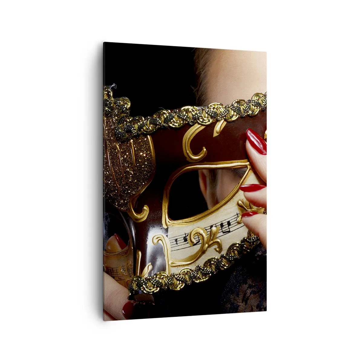 Bild auf Leinwand - Leinwandbild - Eine Frau trägt eine mit Gold und Spitze verzierte venezianische Maske. - 80x120cm - Meine Welt ist barock - Moderne Wanddekoration für Wohnzimmer und Schlafzimmer ARTTOR