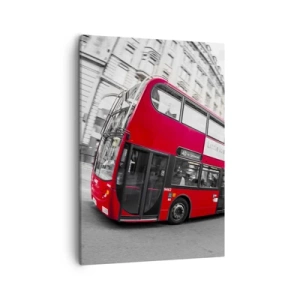 Bild auf Leinwand - Leinwandbild - Ein roter Londoner Bus vor einer schwarz-weißen Straße - 50x70cm - London traditionell - mit dem Bus - Moderne Wanddekoration für Wohnzimmer und Schlafzimmer ARTTOR