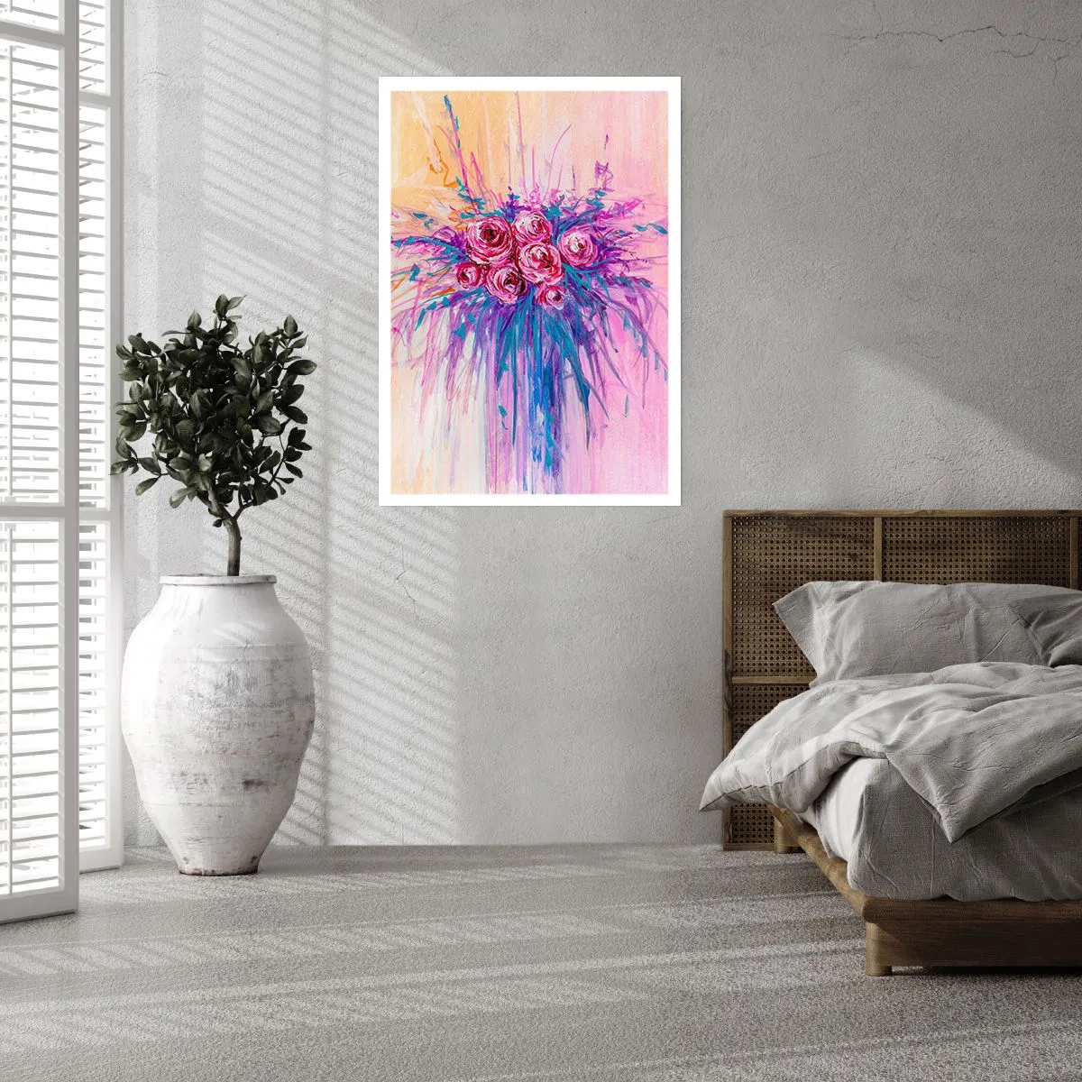 Poster - Bunte Rosen auf einem Hintergrund in Rosatönen - 50x70cm - Rosenbrunnen - Moderne Wanddekoration für Wohnzimmer und Schlafzimmer ARTTOR