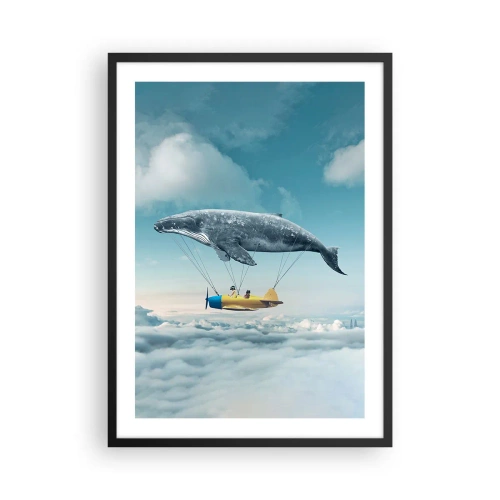 Poster in einem schwarzem Rahmen - Ein fantastisches Bild eines Wals, der ein Flugzeug über die Wolken hebt. - 50x70cm - Warum nicht? - Moderne Wanddekoration für Wohnzimmer und Schlafzimmer ARTTOR