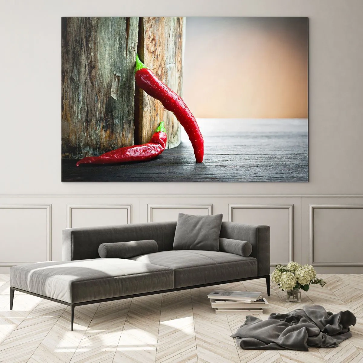 Glasbild - Bild auf glas - Rote Chilischoten auf einem hölzernen Hintergrund - 70x50cm - Red hot chili peppers - Moderne Wanddekoration für Wohnzimmer und Schlafzimmer ARTTOR