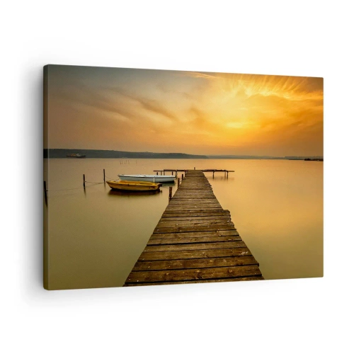 Bild auf Leinwand - Leinwandbild - Holzsteg und Boote auf dem See bei Sonnenuntergang - 70x50cm - Ich werde dir den goldenen Himmel öffnen - Moderne Wanddekoration für Wohnzimmer und Schlafzimmer ARTTOR