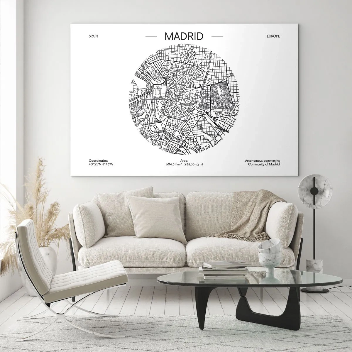 Glasbild - Bild auf glas - Eine minimalistische schwarz-weiße Karte von Madrid in kreisförmiger Form. - 70x50cm - Anatomie von Madrid - Moderne Wanddekoration für Wohnzimmer und Schlafzimmer ARTTOR
