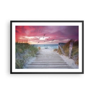 Poster in einem schwarzem Rahmen - Holzweg am Strand bei rosa Sonnenuntergang - 70x50cm - Baltischer Eindruck - Moderne Wanddekoration für Wohnzimmer und Schlafzimmer ARTTOR