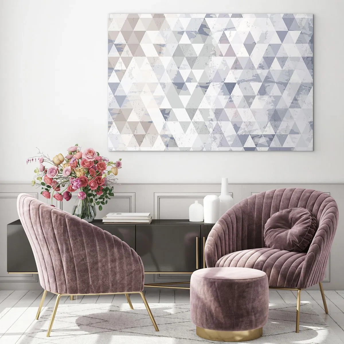 Glasbild - Bild auf glas - Geometrisches Dreiecksmuster in neutralen Grau- und Beigetönen - 70x50cm - Im Rhythmus auf drei - Moderne Wanddekoration für Wohnzimmer und Schlafzimmer ARTTOR