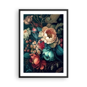 Poster in einem schwarzem Rahmen - Ein Blumenstrauß im Barockstil auf dunklem Hintergrund - 50x70cm - Charme des 19. Jahrhunderts - Moderne Wanddekoration für Wohnzimmer und Schlafzimmer ARTTOR