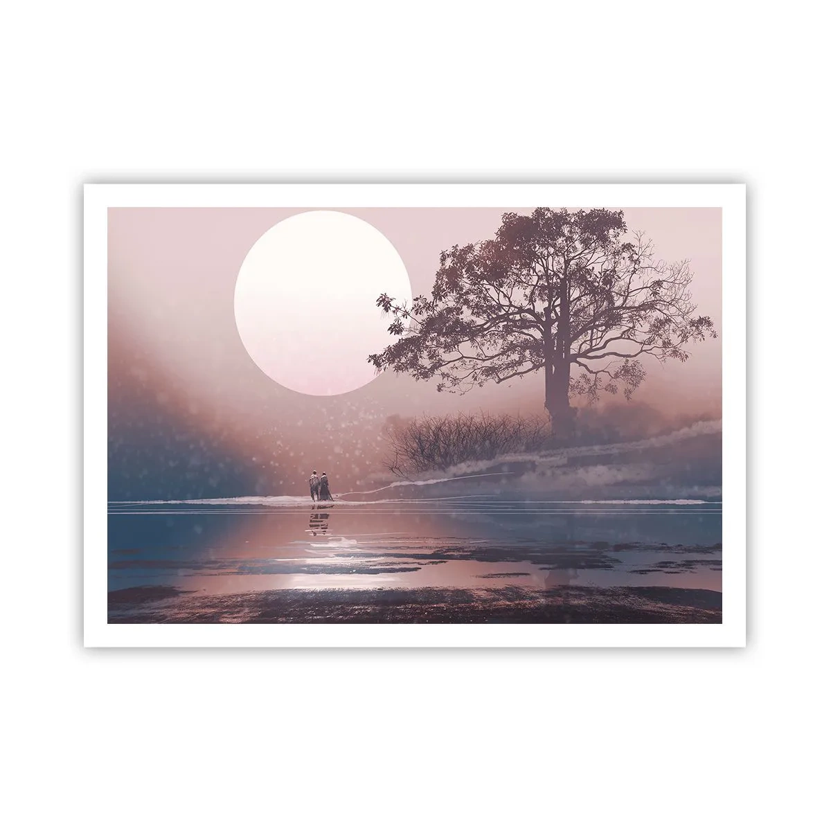 Poster - Romantische Szene mit dem Mond und einem Baum am Wasser - 100x70cm - Wunder der Nacht - Moderne Wanddekoration für Wohnzimmer und Schlafzimmer ARTTOR