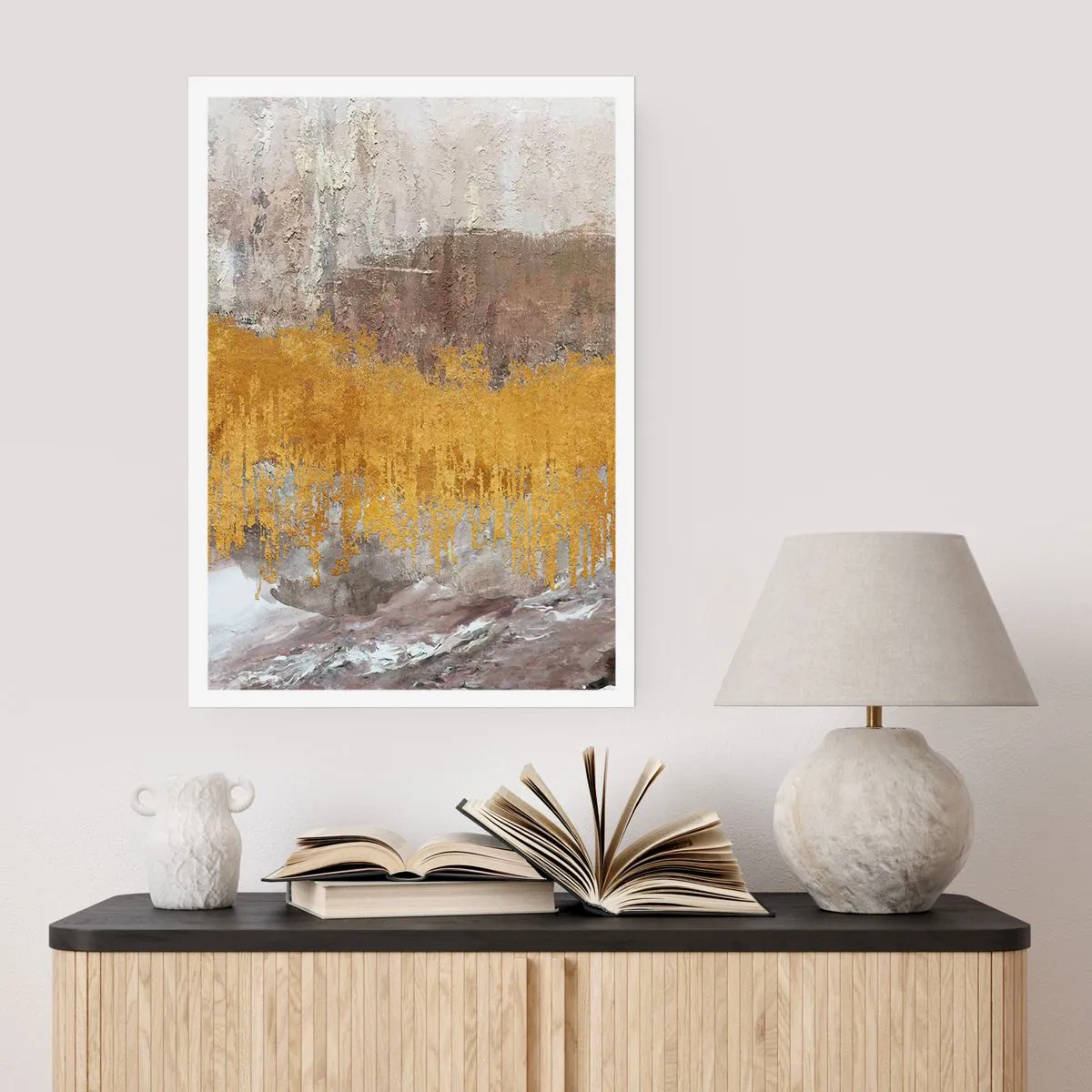 Poster - Abstrakte Textur in Gold und Beige mit Tiefenwirkung - 50x70cm - Goldene Explosion - Moderne Wanddekoration für Wohnzimmer und Schlafzimmer ARTTOR