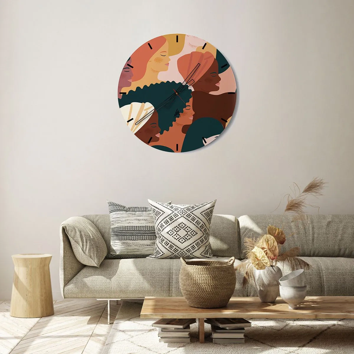 Wanduhr - Glasuhr - Bunte Illustration weiblicher Silhouetten im Boho-Stil - 30x30cm - Nur Weiblichkeit - Moderne Wanddekoration für Wohnzimmer, Küche und Schlafzimmer ARTTOR
