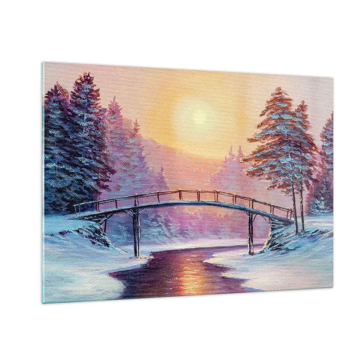 Glasbild - Bild auf glas - Winterlandschaft mit einer Brücke über einen Fluss bei Sonnenuntergang - 100x70cm - Vier Jahreszeiten - Winter - Moderne Wanddekoration für Wohnzimmer und Schlafzimmer ARTTOR