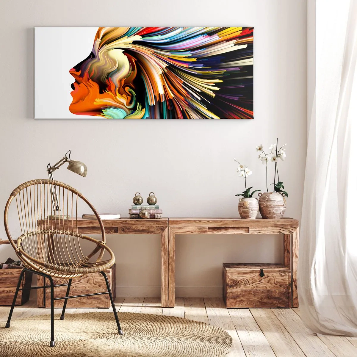 Bild auf Leinwand - Leinwandbild - Abstraktes Gesichtsprofil mit bunten dynamischen Linien. - 140x50cm - Eine Explosion der Fantasie - Moderne Wanddekoration für Wohnzimmer und Schlafzimmer ARTTOR