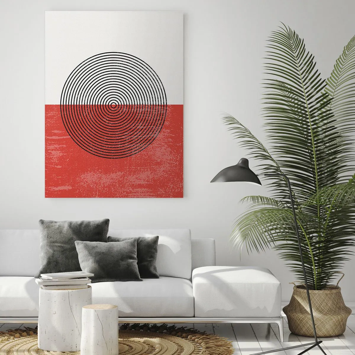 Glasbild - Bild auf glas - Geometrisches Muster mit einem Kreis auf rot-weißem Hintergrund - 50x70cm - Auf den Punkt gebracht - Moderne Wanddekoration für Wohnzimmer und Schlafzimmer ARTTOR