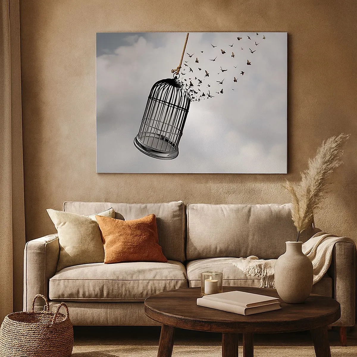 Bild auf Leinwand - Leinwandbild - Vögel fliegen aus einem Käfig gegen den Himmel - 70x50cm - Glaube ... Hoffnung ... Freiheit! - Moderne Wanddekoration für Wohnzimmer und Schlafzimmer ARTTOR