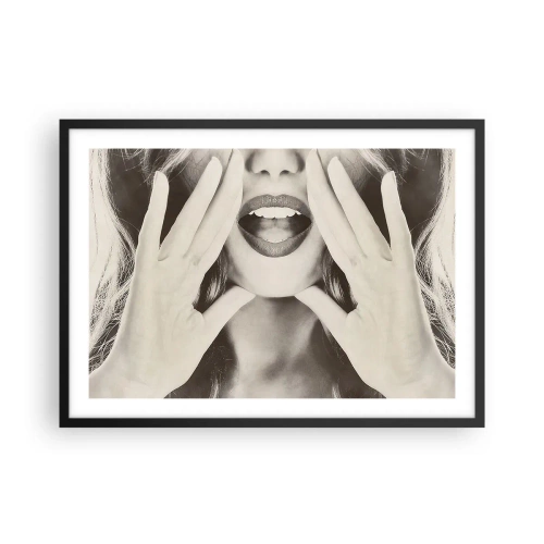 Poster in einem schwarzem Rahmen - Schwarz-Weiß-Porträt einer Frau mit ausdrucksstarken Lippen und Händen - 70x50cm - Ich komme schon! - Moderne Wanddekoration für Wohnzimmer und Schlafzimmer ARTTOR