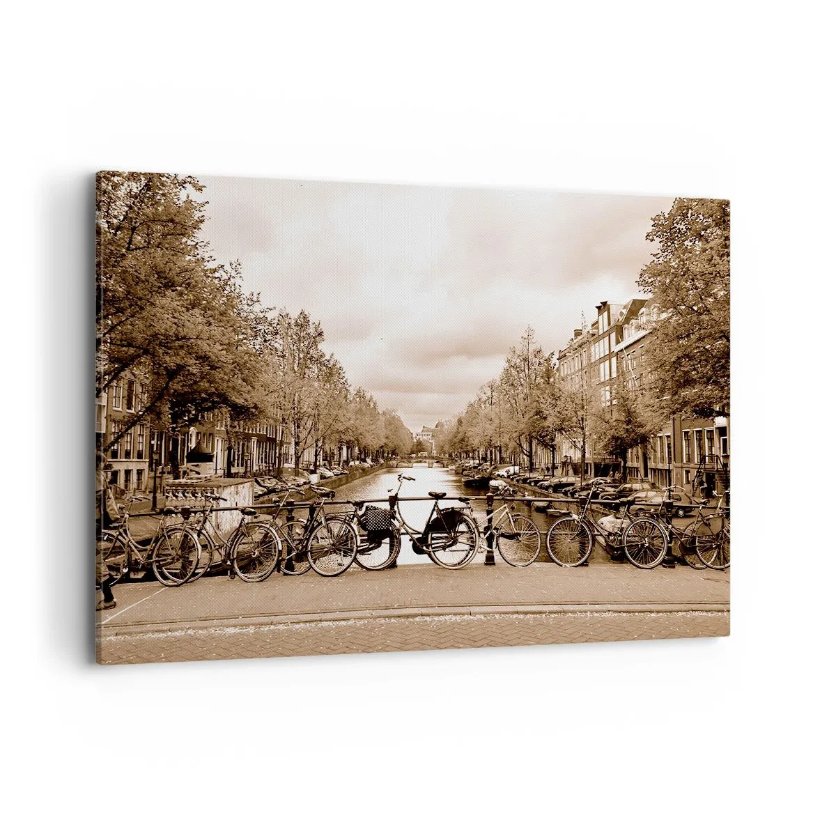 Bild auf Leinwand - Leinwandbild - Fahrradbrücke über den Kanal in Sepia - 100x70cm - Niederländische Atmosphäre - Moderne Wanddekoration für Wohnzimmer und Schlafzimmer ARTTOR