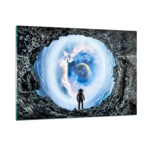 Glasbild - Bild auf glas - Ein Astronaut blickt aus einer Felsenhöhle auf die Erde. - 120x80cm - Es ist nicht weit von zu Hause - Moderne Wanddekoration für Wohnzimmer und Schlafzimmer ARTTOR
