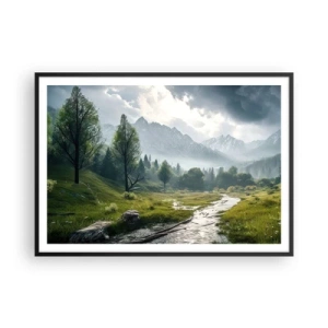 Poster in einem schwarzem Rahmen - Eine Berglandschaft mit einem Fluss und Bäumen, umgeben von nebligen Bergen - 100x70cm - Hin und zurück - Moderne Wanddekoration für Wohnzimmer und Schlafzimmer ARTTOR