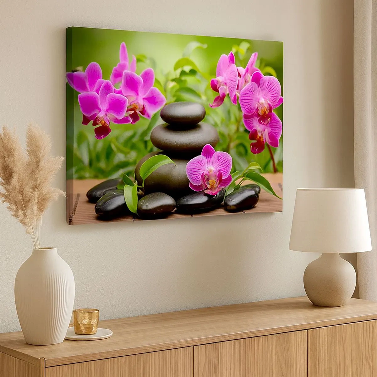 Bild auf Leinwand - Leinwandbild - Rosa Orchideen mit Steinen auf grünem Hintergrund - 70x50cm - Die Pyramide des Friedens - Moderne Wanddekoration für Wohnzimmer und Schlafzimmer ARTTOR