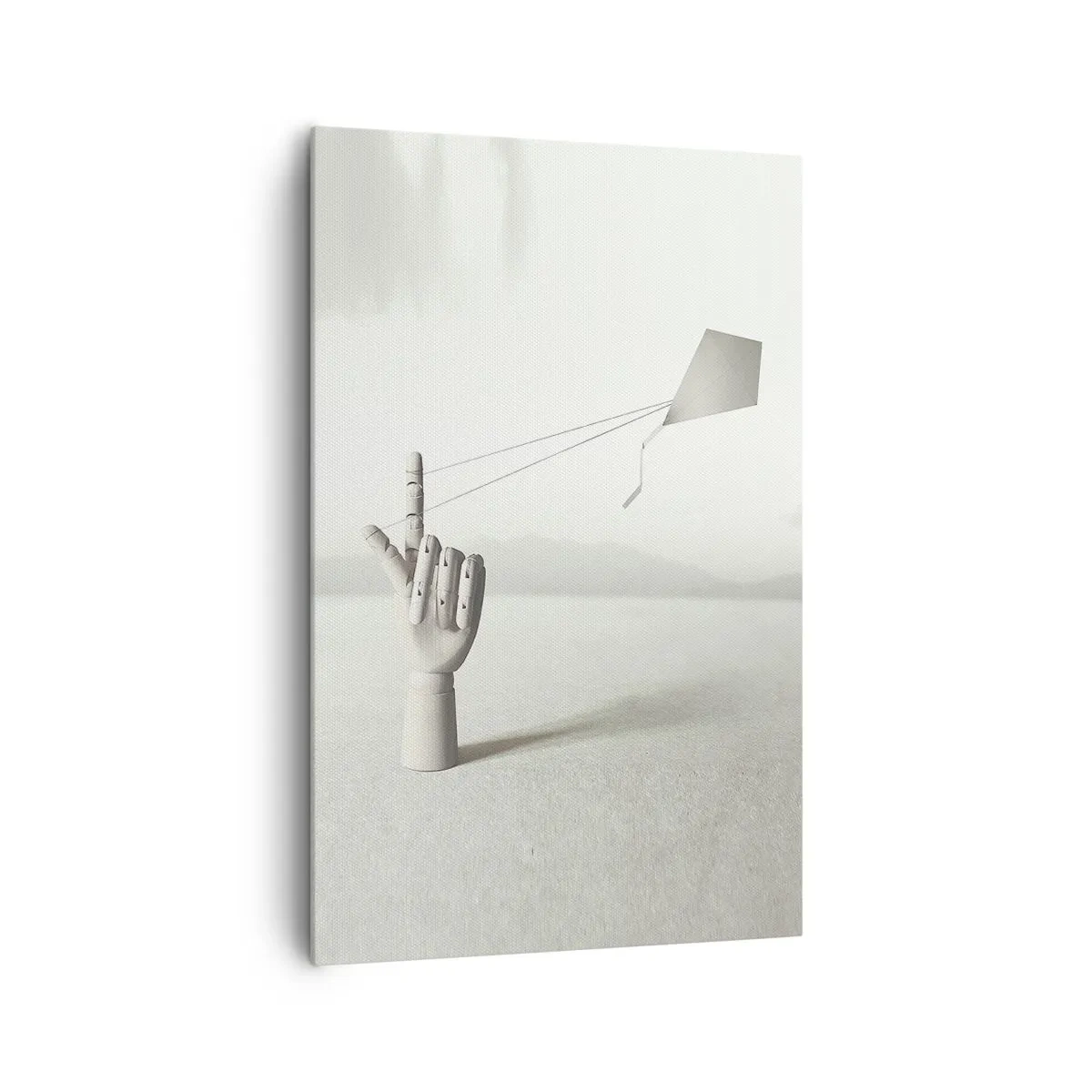 Bild auf Leinwand - Leinwandbild - Eine minimalistische Holzhand mit einem Drachen vor einem Landschaftshintergrund. - 80x120cm - Kraftprobe - Moderne Wanddekoration für Wohnzimmer und Schlafzimmer ARTTOR