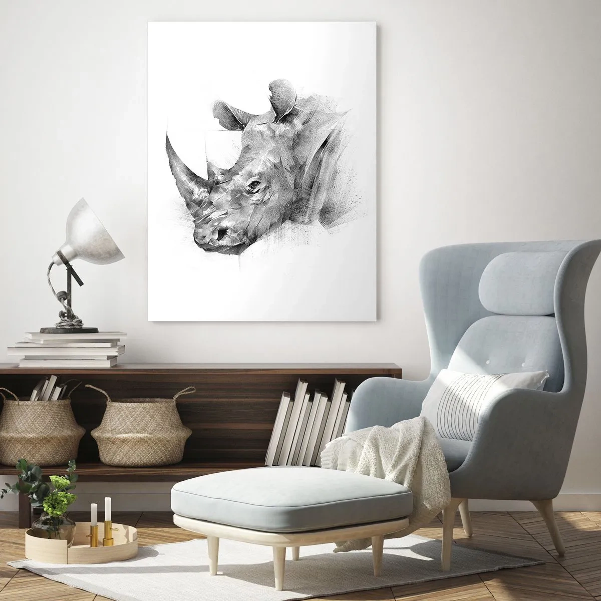 Glasbild - Bild auf glas - Schwarz-Weiß-Porträt eines Nashorns in künstlerischer Ansprache - 50x70cm - Afrikanisches Porträt - Moderne Wanddekoration für Wohnzimmer und Schlafzimmer ARTTOR