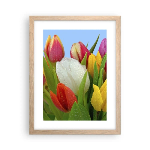 Poster in einem Rahmen aus heller Eiche - Ein blumiger Regenbogen in Tautropfen - 30x40 cm