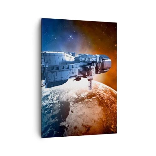 Bild auf Leinwand - Leinwandbild - Ein Raumschiff vor dem Hintergrund eines Planeten im Weltraum - 50x70cm - Ein aufmerksamer Beobachter - Moderne Wanddekoration für Wohnzimmer und Schlafzimmer ARTTOR