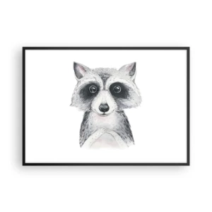 Poster in einem schwarzem Rahmen - Adorable Portrait eines Waschbären auf weißem Hintergrund - 100x70cm - Ein Moment zum Bewegen - Moderne Wanddekoration für Wohnzimmer und Schlafzimmer ARTTOR