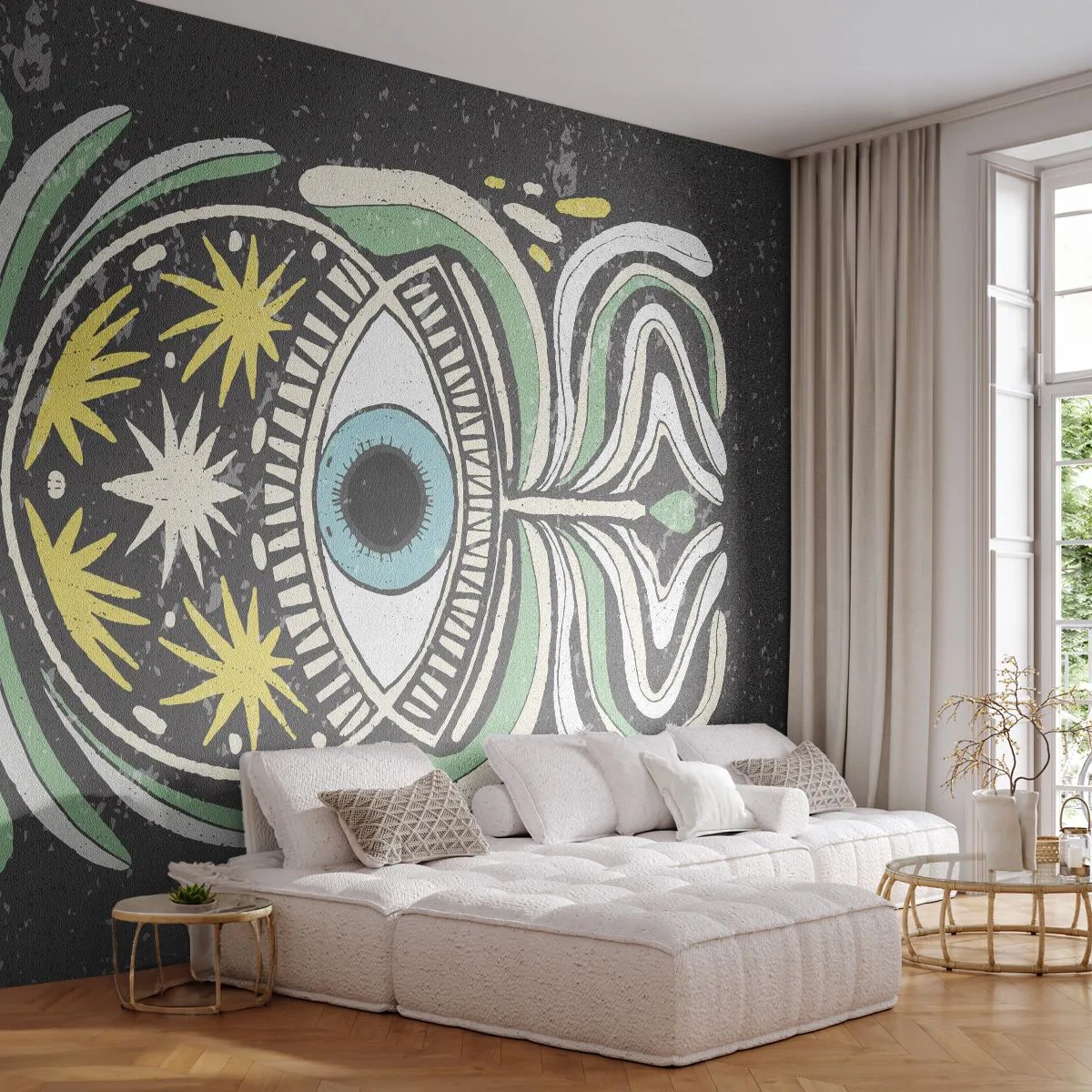Fototapete Premium Sand - Symbolisches Stammesauge auf dunklem Hintergrund - 100x70cm - Stammesrituale - Moderne Wanddekoration für Wohnzimmer und Schlafzimmer ARTTOR