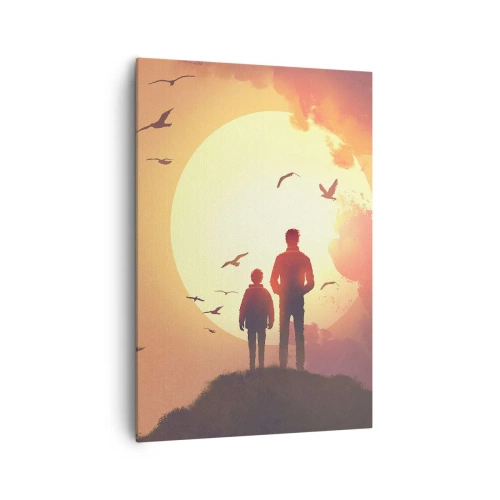 Bild auf Leinwand - Leinwandbild - Figuren vor dem Hintergrund der untergehenden Sonne - 70x100cm - Von Angesicht zu Angesicht mit der Sonne - Moderne Wanddekoration für Wohnzimmer und Schlafzimmer ARTTOR